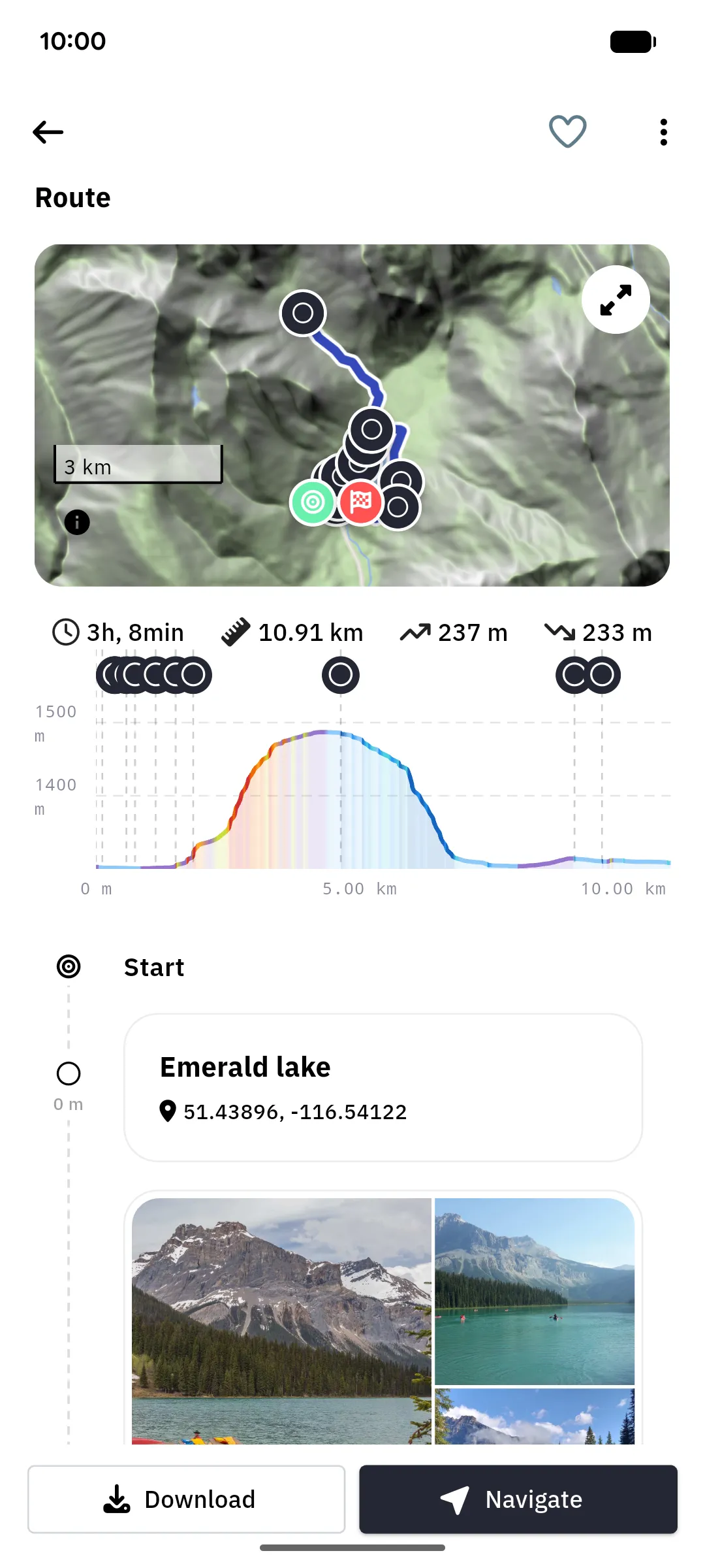 Route map, elevation profile and waypoints