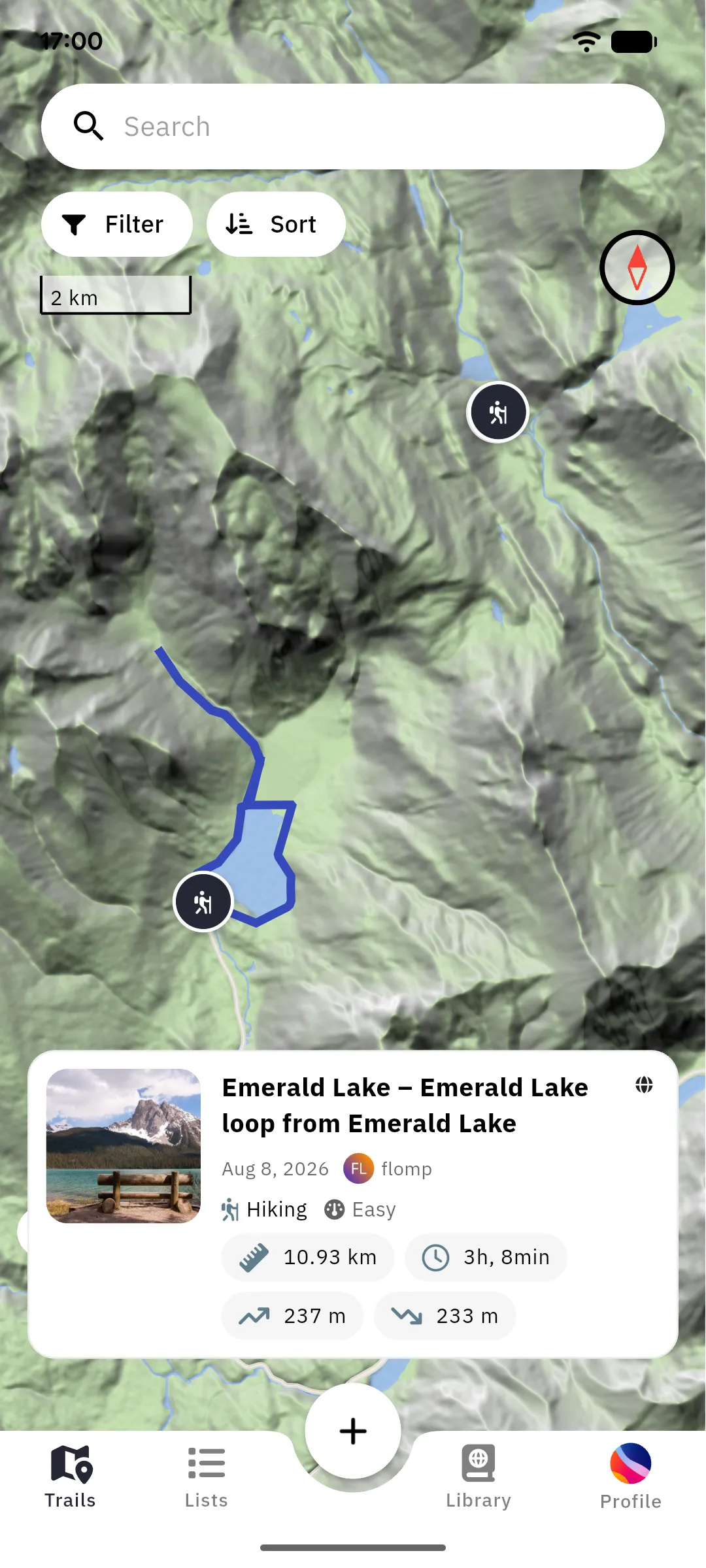 The wanderer app showing a selected trail on the map