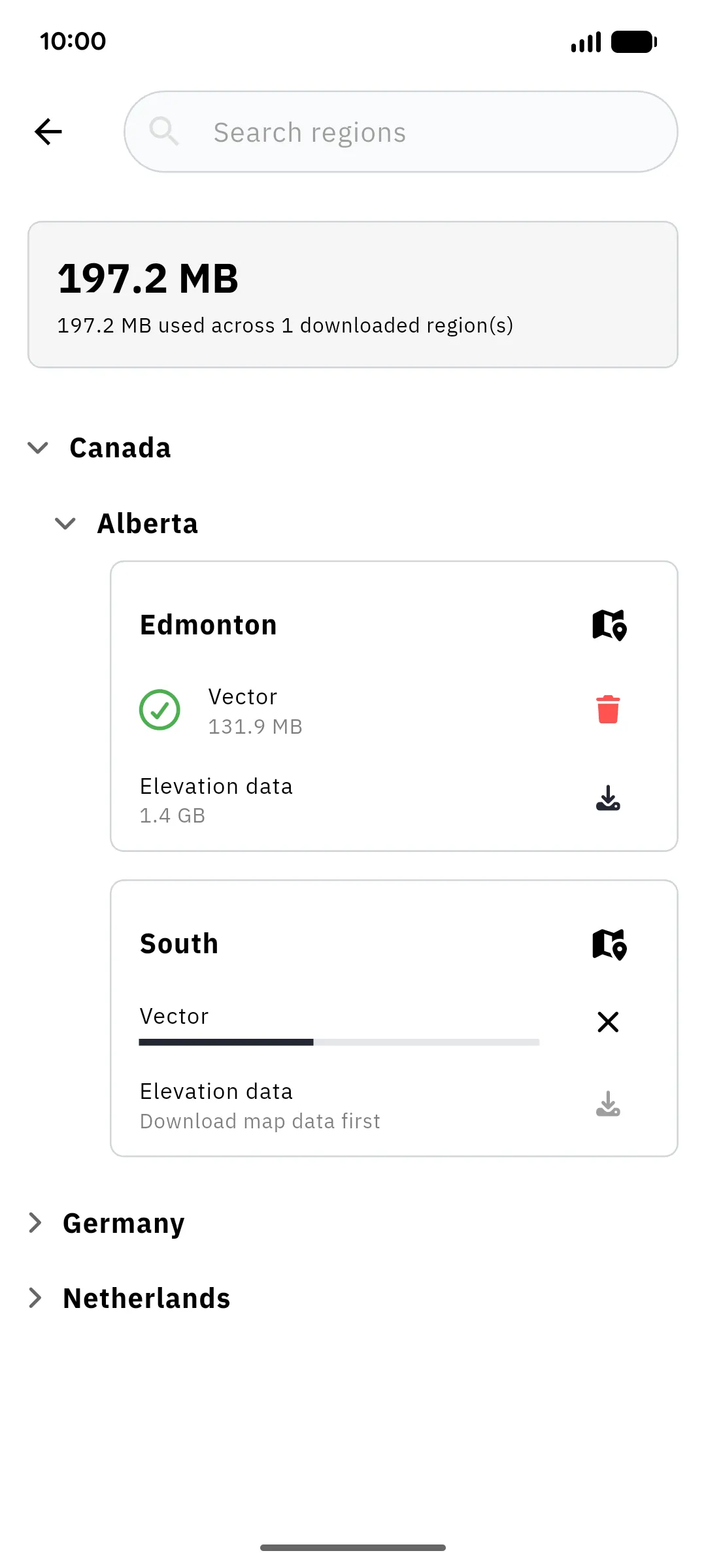 The offline regions screen in the wanderer app