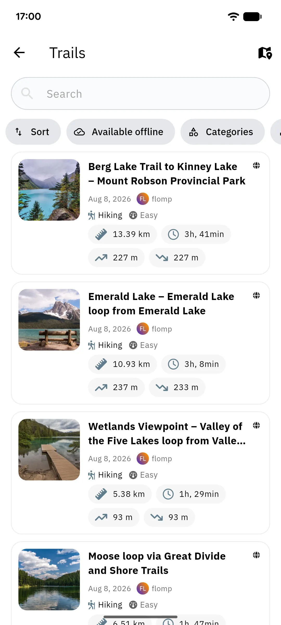 Your trails list, with the hike you just finished already in it